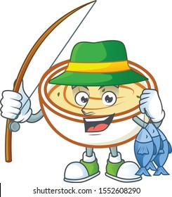 Delicious mashed potatoes with fishing mascot character