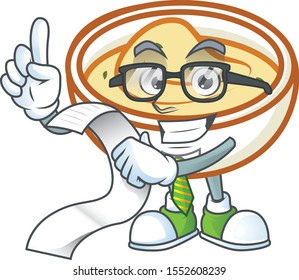 Delicious mashed potatoes with holding bill mascot character
