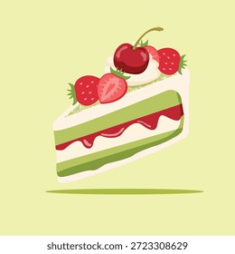 Köstliche Matcha Grüner Tee-Kuchen-Scheibe mit frischen Erdbeeren und Kirschen Toppings