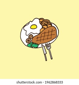 delicious meal arranged with a fork and knife against a yellow backdrop, featuring steak, eggs, mushrooms, and vegetables, perfect for food-related designs.