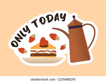 Delicious meal in cafe, breakfast or lunch with sweet cake with strawberry topping, tea or coffee. Snack or dinner in restaurant. Special offer for clients and visitors. Vector in flat style