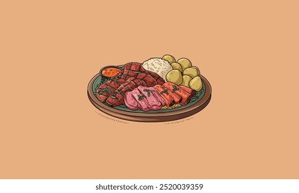Delicious meal of grilled meat, potatoes, rice, and sauce on a plate.