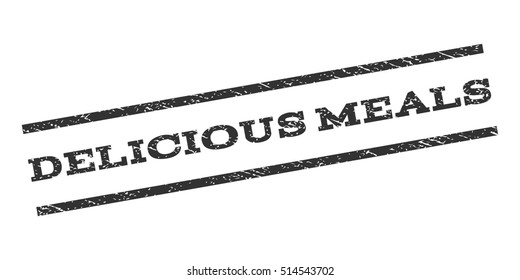 Delicious Meals watermark stamp. Text caption between parallel lines with grunge design style. Rubber seal stamp with unclean texture. Vector gray color ink imprint on a white background.