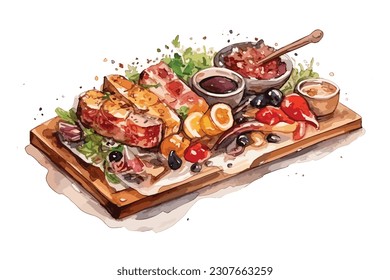 Delicioso Plato De Carne Servido en una pintura acuarela Resumen de fondo blanco.