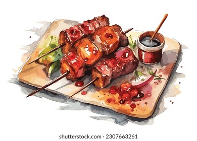 Delicioso Plato De Carne Servido en una pintura acuarela Resumen de fondo blanco.