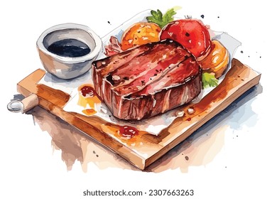 Delicious Meat Dish Served on a watercolor painting Abstract white background.