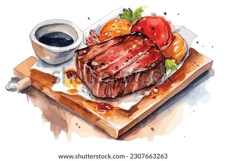 Delicious Meat Dish Served on a watercolor painting Abstract white background.