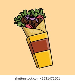 Delicious meat kebabs in red and yellow takeaway packaging