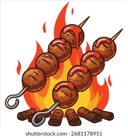 Delicious meatballs grilling over an open fire

