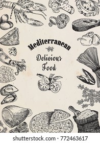 delicious mediterranean food, broccoli, calamari, cheese, crab, eggs, fish, flour, garlic, lettuce, lobster, mushroom, mussels, pepper, pizza, prawn, shell, shrimp, spaghetti, squid