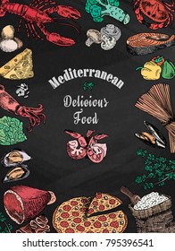 delicious mediterranean food, broccoli, calamari, cheese, crab, eggs, fish, flour, garlic, lettuce, lobster, mushroom, mussels, pepper, pizza, prawn, shell, shrimp, spaghetti, squid