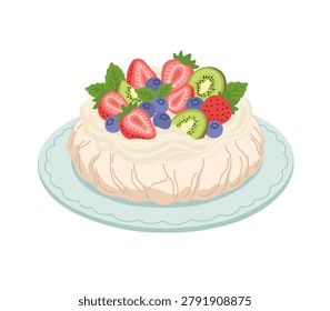 A delicious meringue-based pavlova dessert topped with whipped cream, sliced strawberries, kiwi fruits, blueberries, and fresh mint leaves, isolated on a black background.