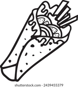 Delicioso burrito mexicano, ilustración en blanco y negro.