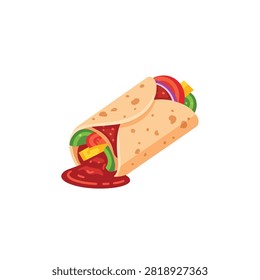 Delicious Mexican Burrito Wrap with Fresh Vegetables and Spicy Red Sauce Isolated on White