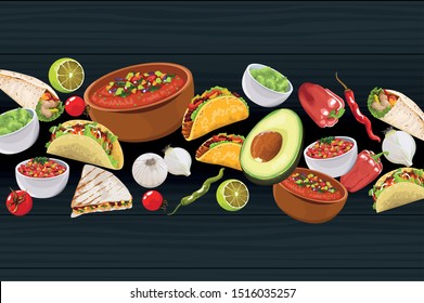 Delicious Mexican Food over black background, vector illustration