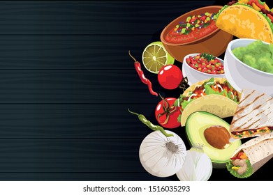 Delicious Mexican Food over black background, vector illustration