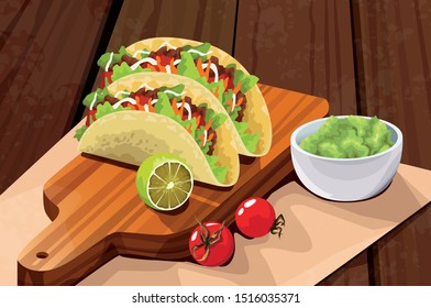 Delicious Mexican Food with Taco and Avocado over wooden background, vector illustration