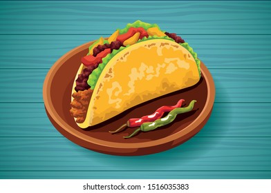 Delicious Mexican Food taco and chili pepper, vector illustration