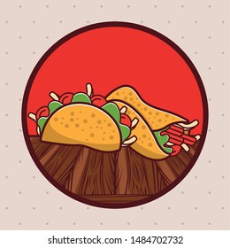 Delicious mexican food tacos and burritos with avocado and ingredients on table cartoons vector illustration graphic design.