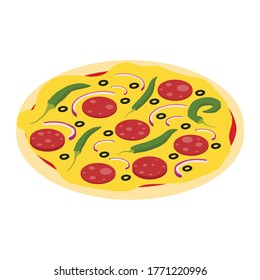Delicious mexican pizza isolated on white. Pizza for restaurants or pizzerias. Delicious taste pizza with cheese, hot pepper, onion and salami. Isometric view. Vector