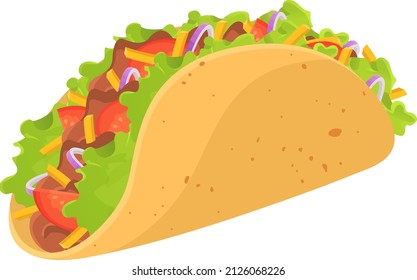 Delicious mexican Taco cartoon illustration isolated on white background. beef meet, tomato, cheese, onion, lettuce, corn tortilla ingredients. Restaurant or fast food menu element.