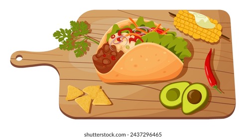 Delicious Mexican taco on a rectangular wooden plate, next to avocado, chili pepper, corn, fleece chips and juicy cilantro.Vector flat illustration