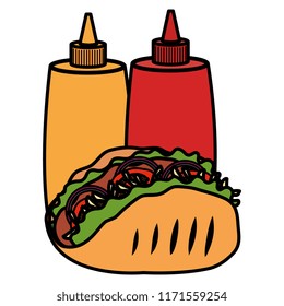 delicious mexican taco with sauces bottles