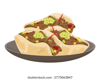 Delicious mexican tacos set with beef avocado beans and corn on ceramic plate. Flat vector illustration of authentic street food isolated on white background.