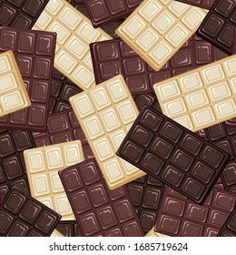 Delicious milk, dark, white chocolate. Sweet dessert. Chocolate bar. Pieces of chocolate. Seamless background with pattern.