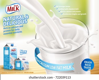 Delicious milk pouring down in 3d illustration isolated on bokeh background, paper carton products with package design