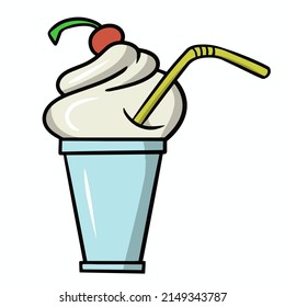 Delicious milkshake with cherry, cold ice cream in a cup, cartoon vector illustration on a white background