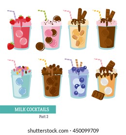 Delicious milkshake with waffle, ice cream, chocolate, cookie and jam. Vector cartoon illustration isolated on a white background. Ice cream cocktails.