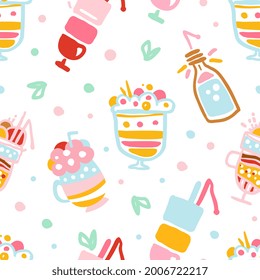 Delicious Milkshakes Seamless Pattern, Healthy Ice Cream Drinks and Fresh Milk Beverages Background, Banner, Wallpaper, Textile, Packaging Design Vector Illustration