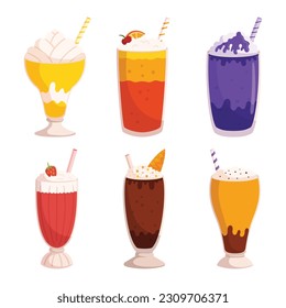 Delicious Milkshakes Served In A Set, Featuring A Variety Of Flavors And Toppings as Strawberry, Ice Cream, Blueberry and Fruits. Indulge In Creamy, Flavorful Goodness . Cartoon Vector Illustration