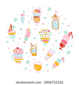 Delicious Milkshakes and Smoothies Banner with Tasty Desserts Seamless Pattern of Round Shape Vector Illustration