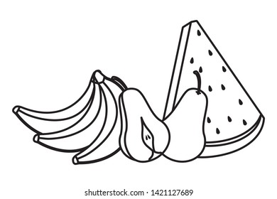 delicious mix of fruit with banana, watermelon and pear icon cartoon in black and white vector illustration graphic design