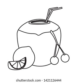 delicious mix of fruit with cherries, lemon and coconut beverage icon cartoon in black and white vector illustration graphic design