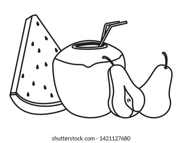 delicious mix of fruit with pear, watermelon and coconut beverage icon cartoon in black and white vector illustration graphic design