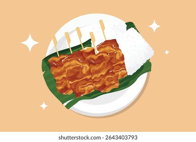 Delicious "Moo Ping" grilled pork skewers with sticky rice vector illustration. Authentic Thai street food served on a banana leaf. Perfect for Asian cuisine menus, food blogs, and restaurant designs.