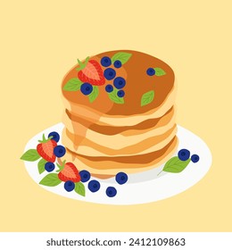 Deliciosos crepes matutinos para el desayuno, crepes suaves, muffins con bayas y miel, Maslenitsa, hermoso comienzo del día ilustraciones vectoriales en estilo plano.