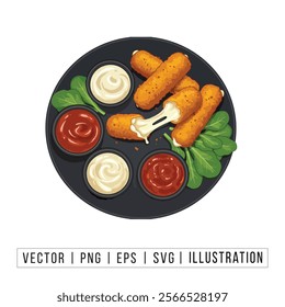 Delicious Mozzarella Sticks with Dipping Sauces and Spinach Garnish - Vector Illustration