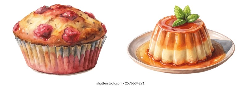 Delicious muffin with berries, creamy flan dessert, watercolor style, food illustration, vibrant colors, culinary art.