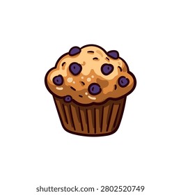 Delicious muffin or cupcake with blueberries. Hand drawn sweet pastry vector illustration isolated on white background.