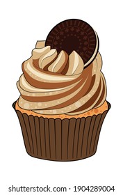 Delicious muffin, cupcake with an oreo cookie in cream topping. Vector illustration.