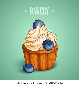 Delicious muffin. Vector illustration of a cupcake with meringue and blueberry decoration supplemented with text BAKERY. Cafe poster, bakery signboard, menu page, flyer, banner, ad, social media post