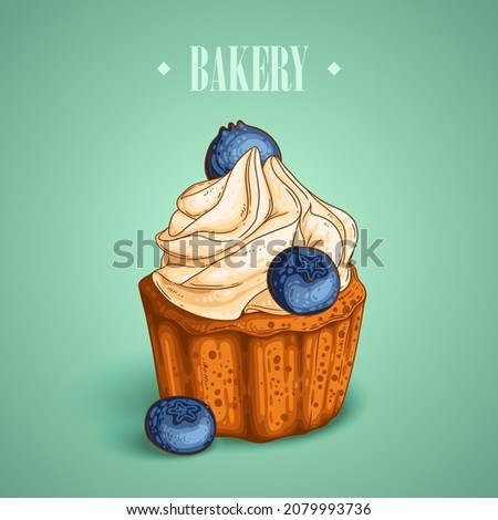 Delicious muffin. Vector illustration of a cupcake with meringue and blueberry decoration supplemented with text BAKERY. Cafe poster, bakery signboard, menu page, flyer, banner, ad, social media post
