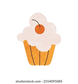 Delicious muffin. Yummy cupcake with sugar cream and cherry, tasty gourmet dessert for bakery, sweet baked food flat style. Vector cartoon illustration