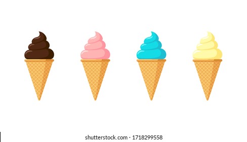 Delicious multicolor ice cream in waffle cone set. Vanilla chocolate and pistachio strawberry taste isolated ice-cream on white background. Cute flat cartoon style illustration for product design