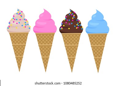 Delicious multicolor ice creams in crispy cone waffles set. Tasty sweet ice-cream with fruit and chocolate tastes. Cold summer desserts vector illustrations