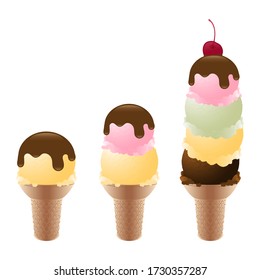 Delicious multicolor ice creams in crispy cone waffles set.